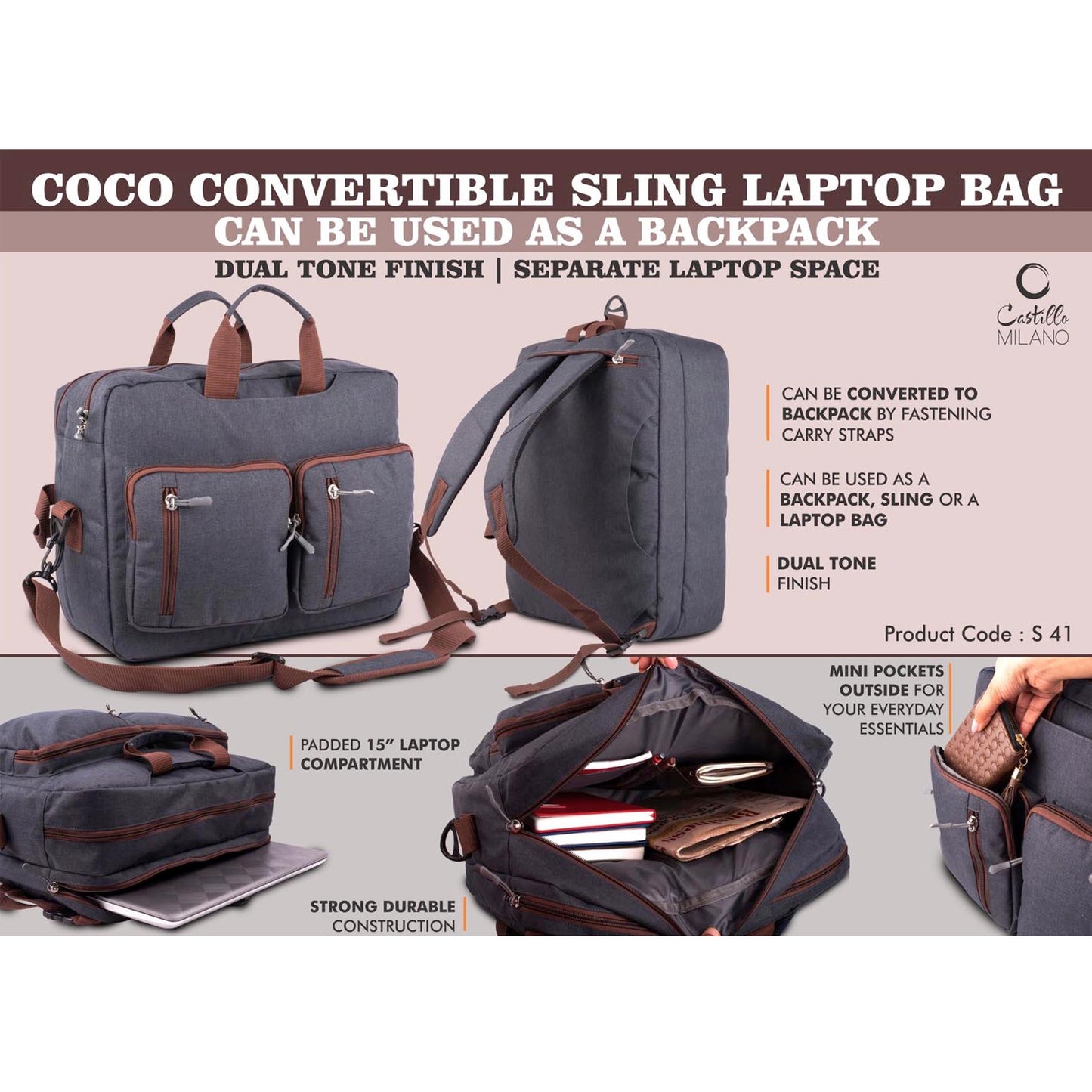 Coco Convertible Sling Laptop Bag | Can be used as a backpack | Dual tone finish | Separate laptop space - S 41 MARSH Corporate gifts