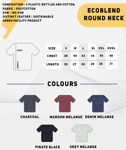 EcoBlend round neck sustainable polycotton t-shirt, size chart, and color options