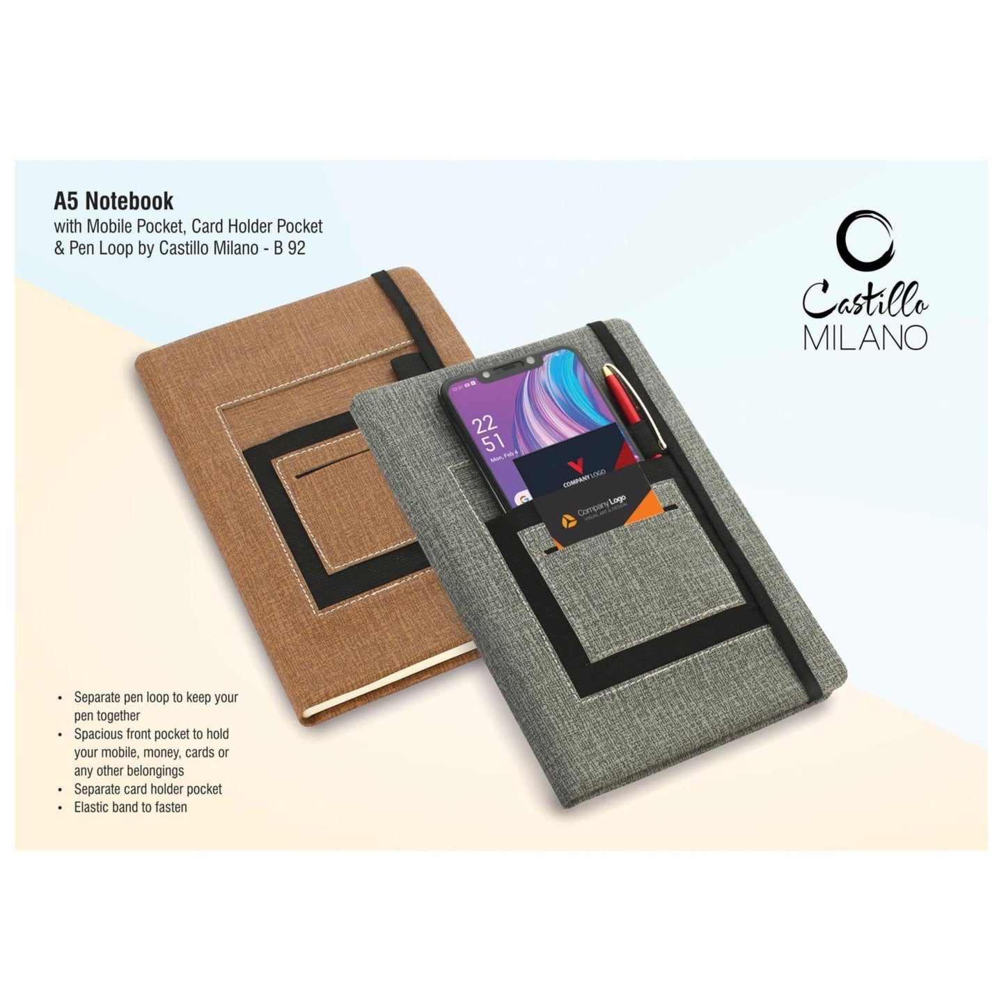 A5 Notebook With Mobile Pocket, Card Holder Pocket & Pen Loop By Castillo Milano - B 92 MARSH Corporate gifts