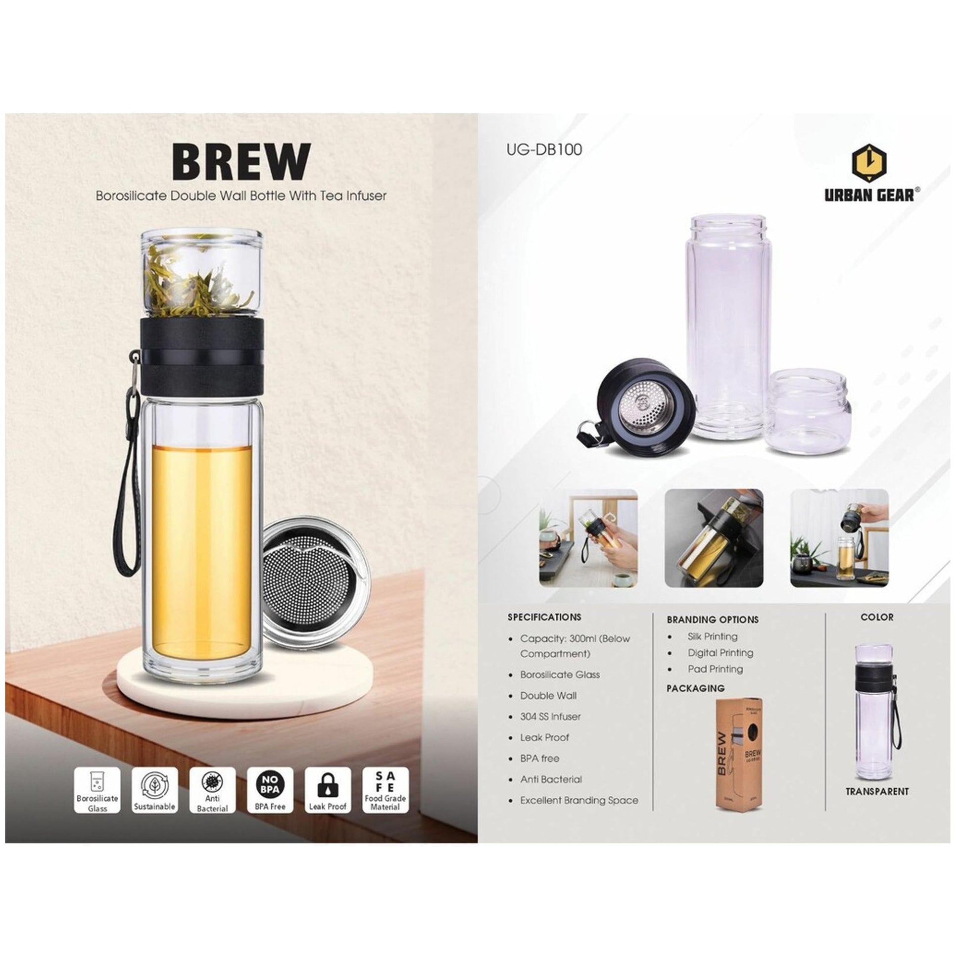 URBAN GEAR - Brew - Borosilicate Bottle with Tea Infuser (300ml)  - UG-DB100 MARSH Corporate gifts