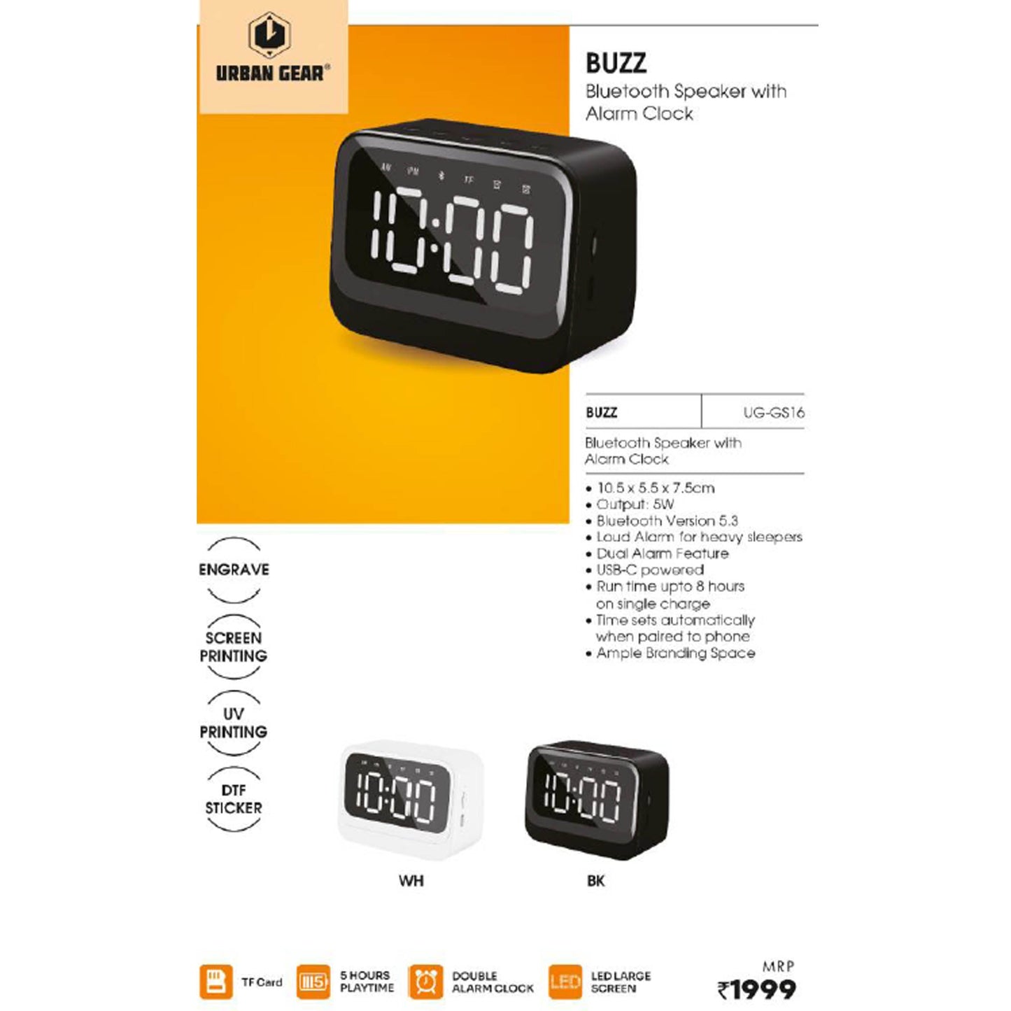 URBAN GEAR - Buzz - Bluetooth Speaker with Alarm Clock - UG-GS16