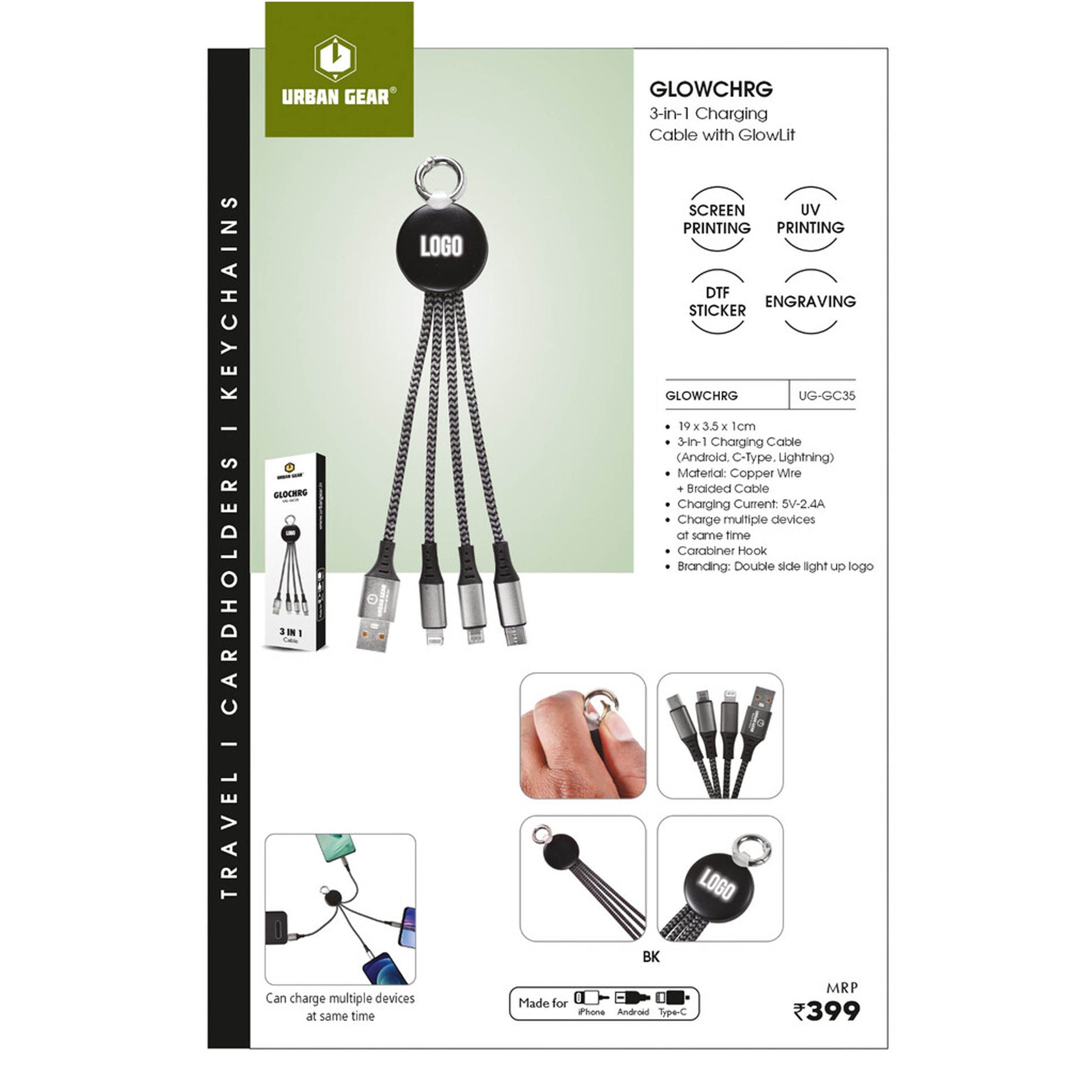 URBAN GEAR - Glowchrg - 3-in-1 Charging Cable with Glow Lite  - UG-GC35 MARSH Corporate gifts