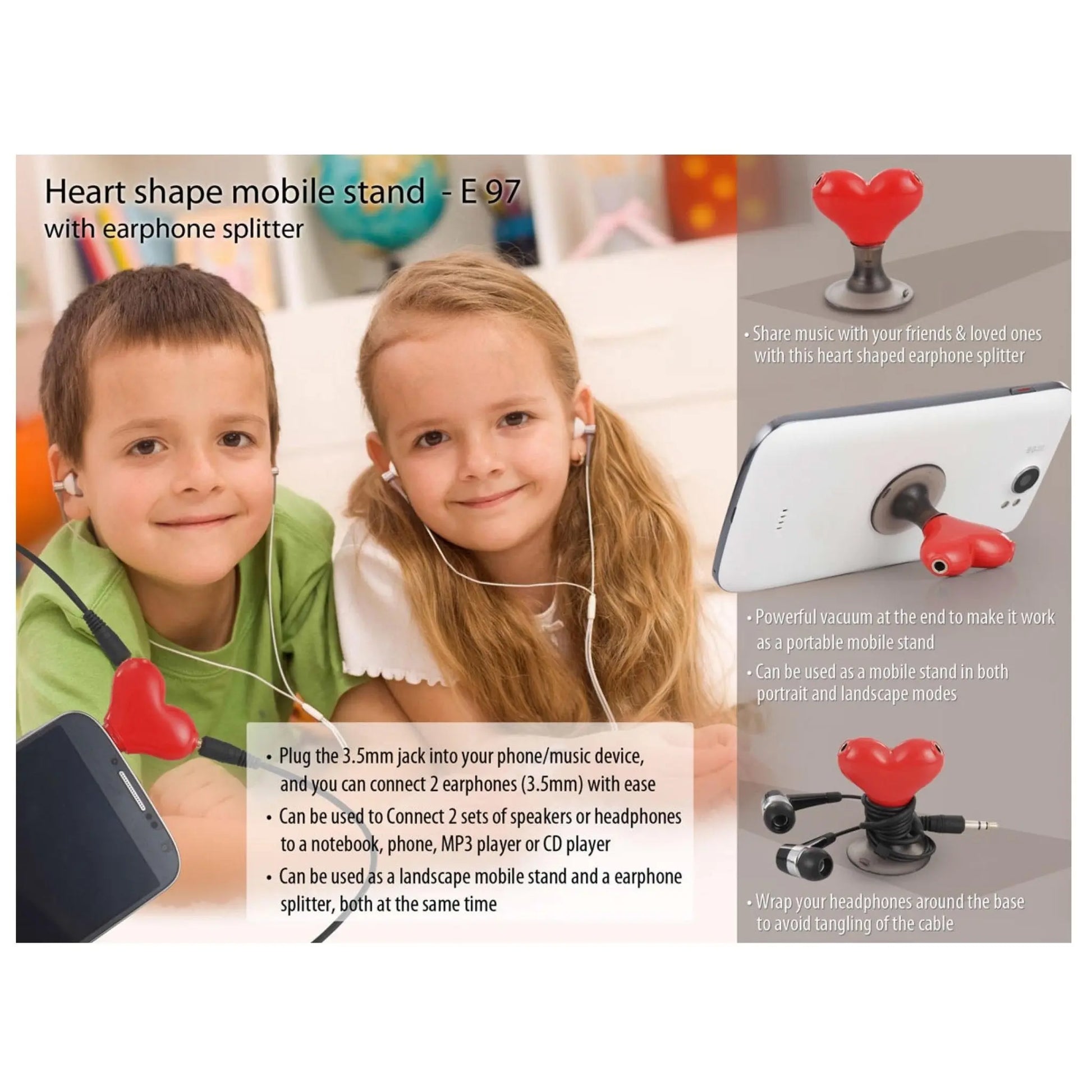 Heart Shape Vacuum Mobile Stand With Earphone Splitter - E 97 MARSH Corporate gifts