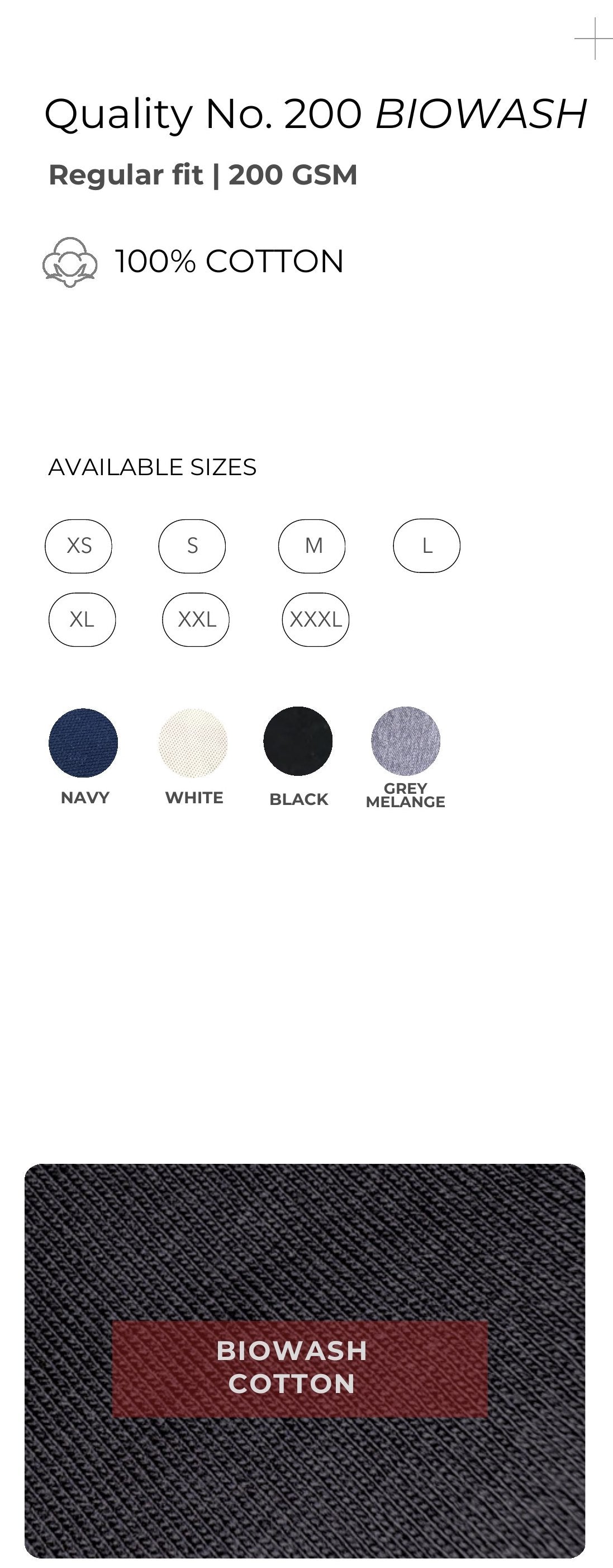 Bio-wash Cotton Round Neck T-shirt – Quality 200 (200 GSM) – specifications and colour swatches
