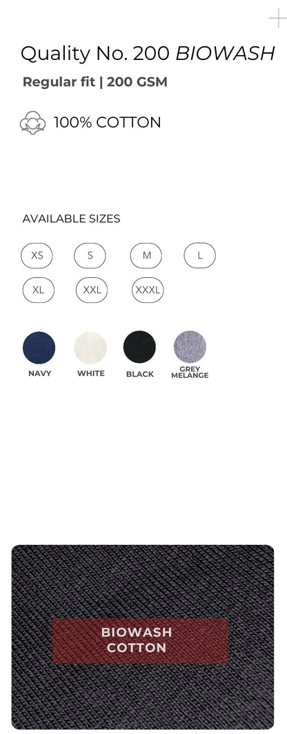 Bio-wash Cotton Round Neck T-shirt – Quality 200 (200 GSM) – specifications and colour swatches