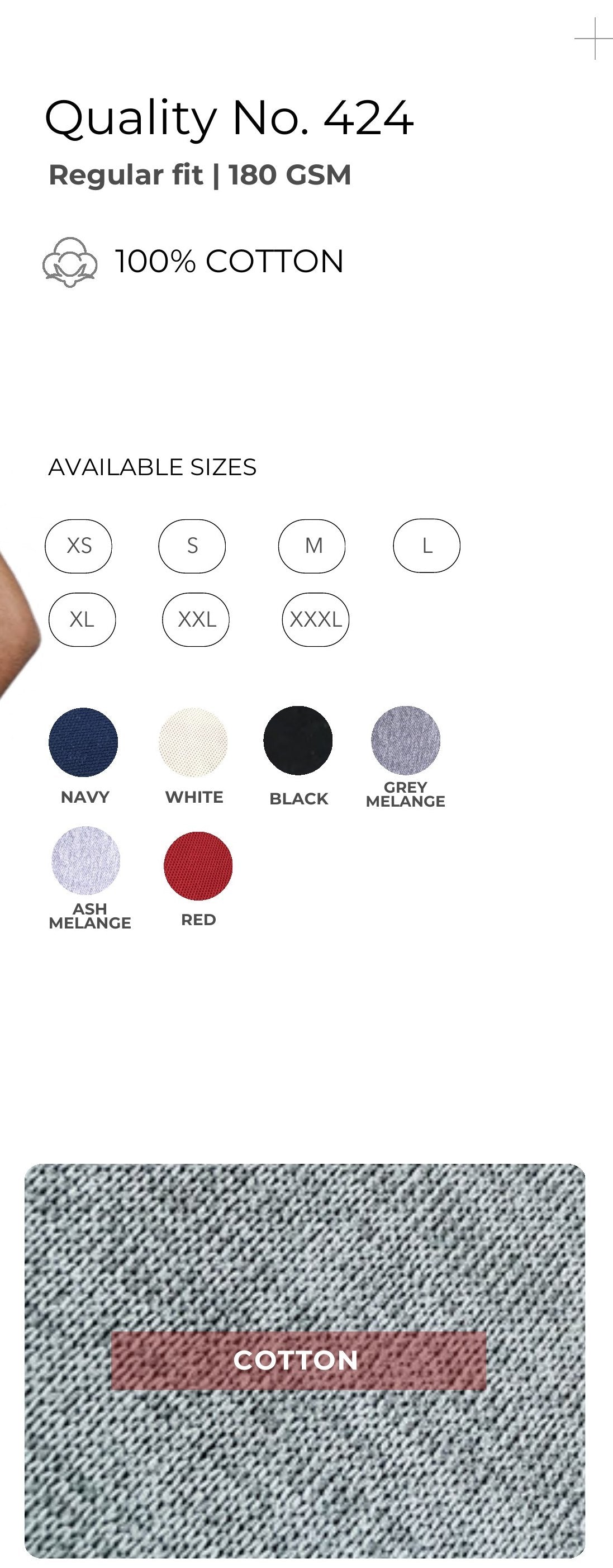 Combed Cotton Round Neck T-shirt – Quality 424 (180 GSM) – specifications and colour swatches