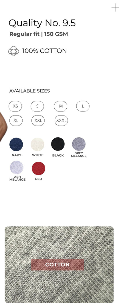 Combed Cotton Round Neck T-shirt – Quality 9.5 (150 GSM) – specifications and colour swatches