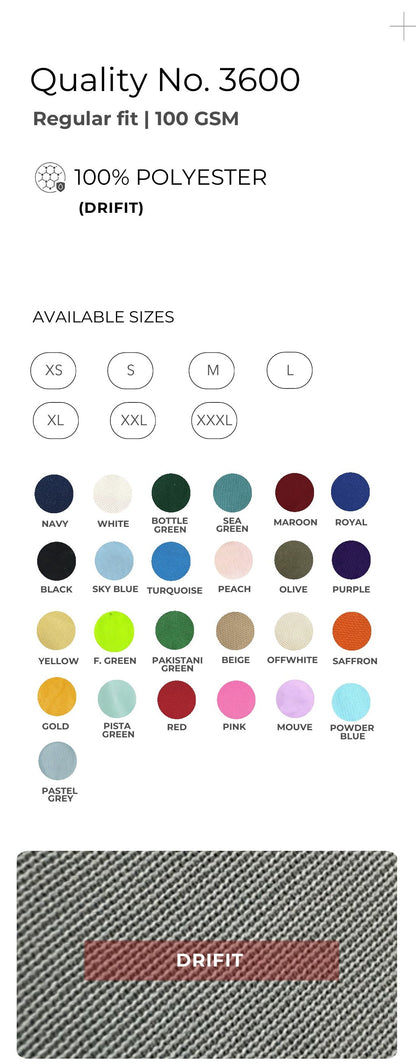 Dri-fit Round Neck T-shirt – Quality 3600 (100 GSM) – specifications and colour swatches