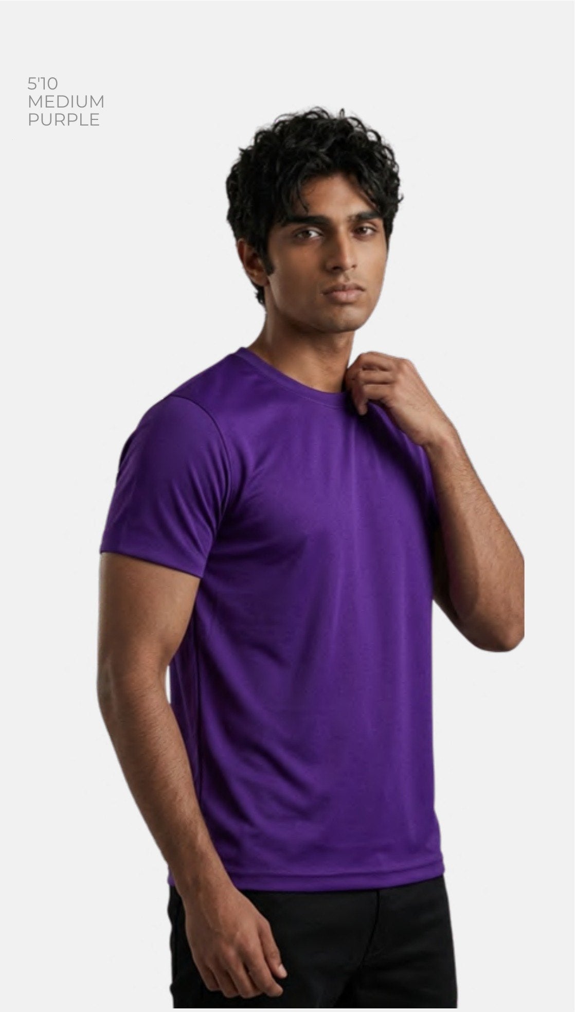 Cotton-feel Spun Poly Round Neck T-shirt – Quality 300 (150 GSM) – model wearing