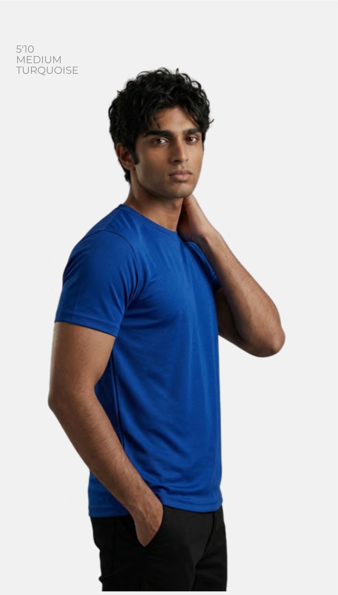 Cotton-feel Spun Poly Round Neck T-shirt – Quality 450 (180 GSM) – model wearing