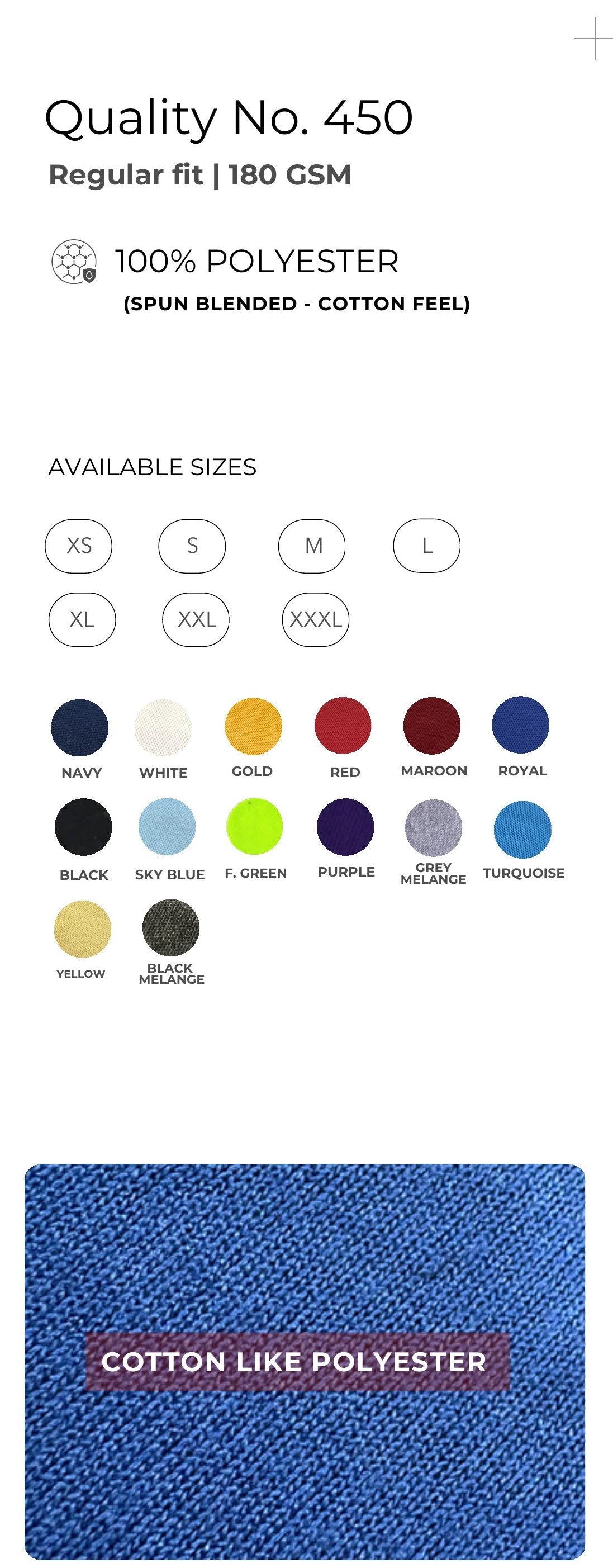 Cotton-feel Spun Poly Round Neck T-shirt – Quality 450 (180 GSM) – specifications and colour swatches