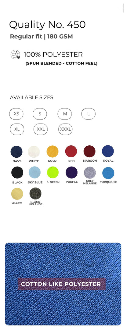 Cotton-feel Spun Poly Round Neck T-shirt – Quality 450 (180 GSM) – specifications and colour swatches