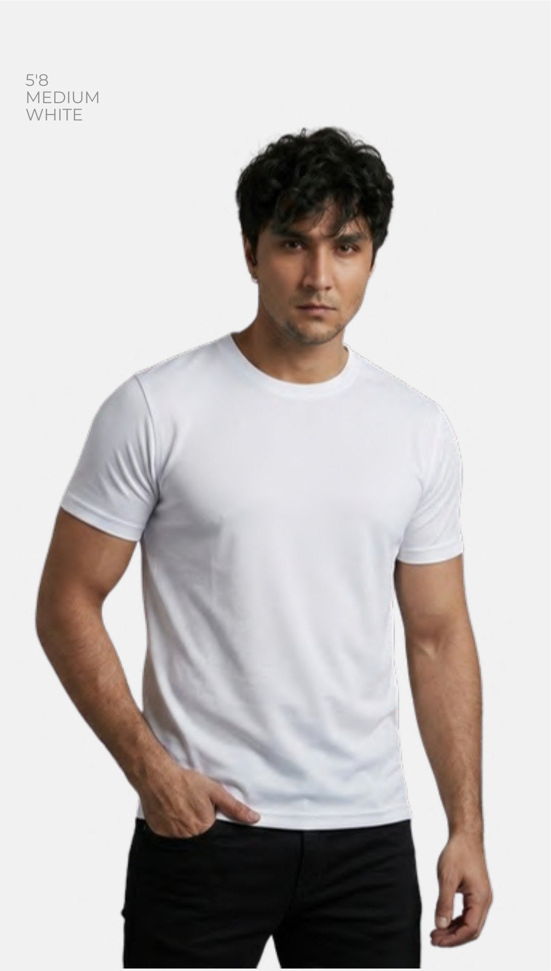 Dot-knit Polyester Round Neck T-shirt – Quality 325 (160 GSM) – model wearing