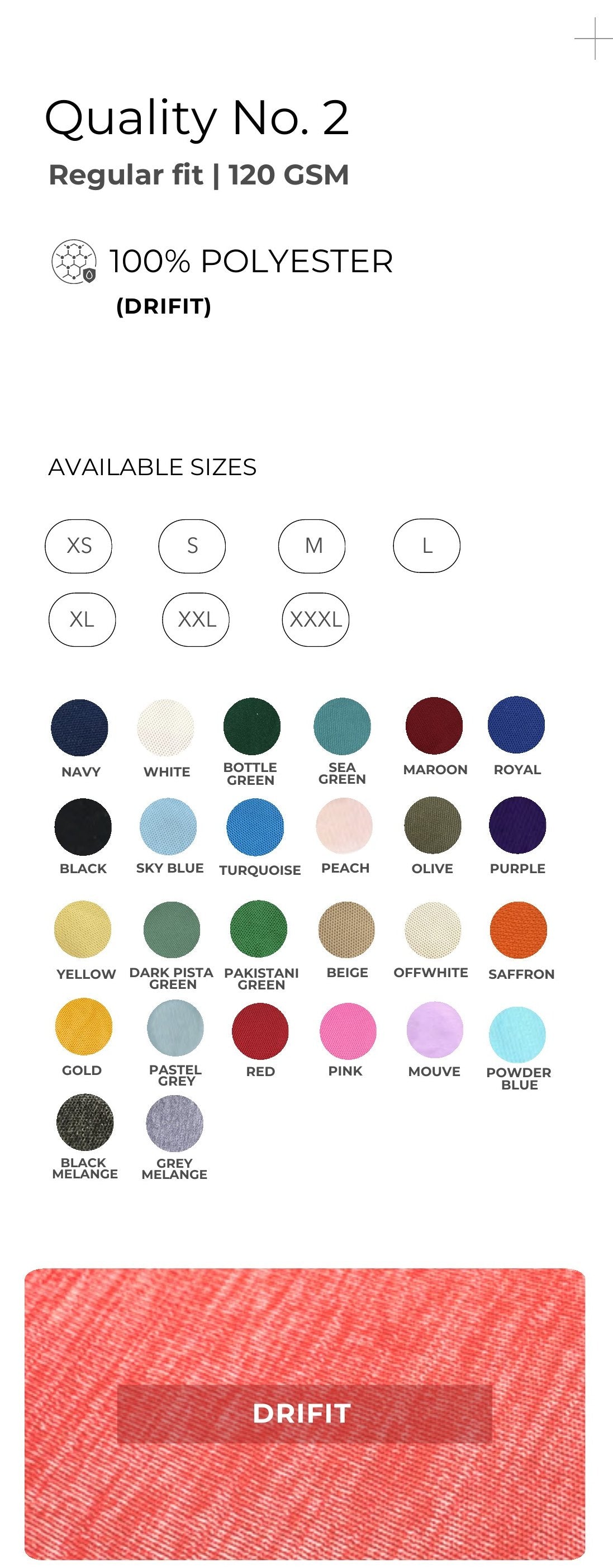 Dri-fit Round Neck T-shirt – Quality 2 (120 GSM) – specifications and colour swatches