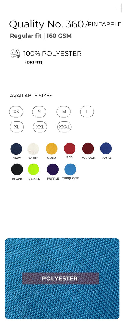 Dri-fit Round Neck T-shirt – Quality 360 Pineapple (160 GSM) – specifications and colour swatches