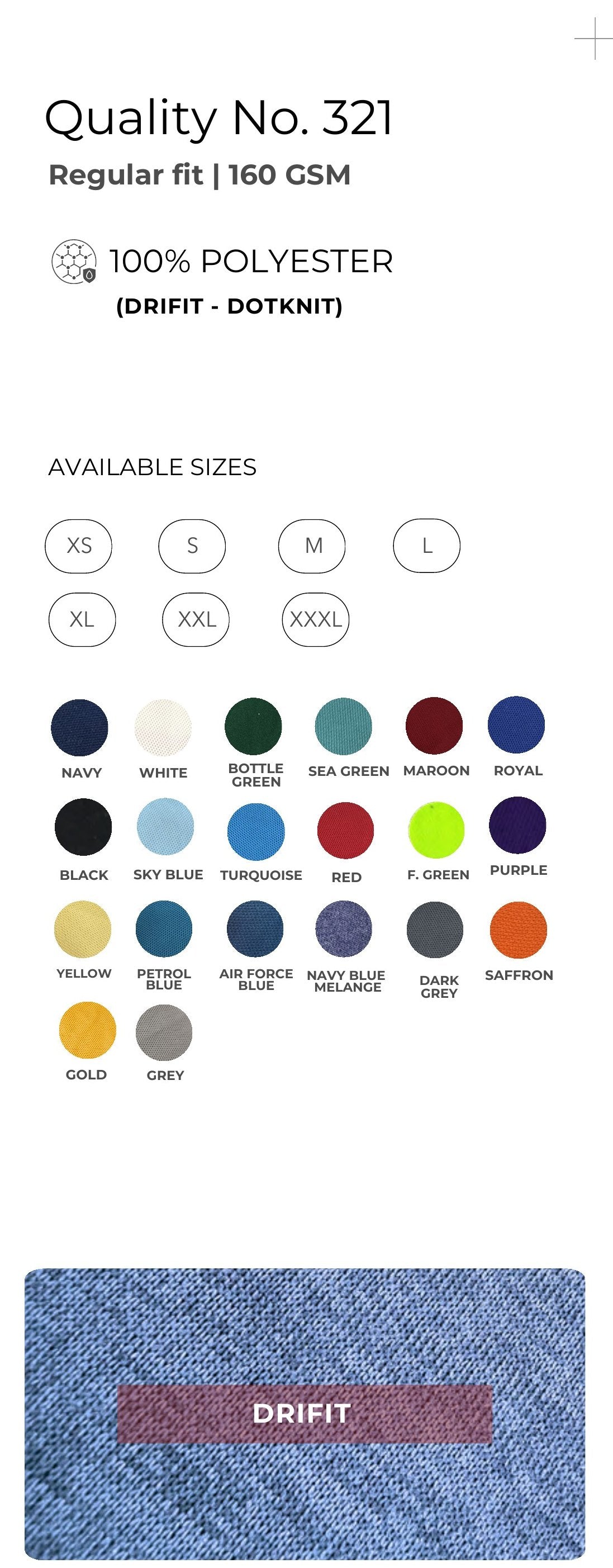 Dri-fit Dot-knit Round Neck T-shirt – Quality 321 (160 GSM) – specifications and colour swatches