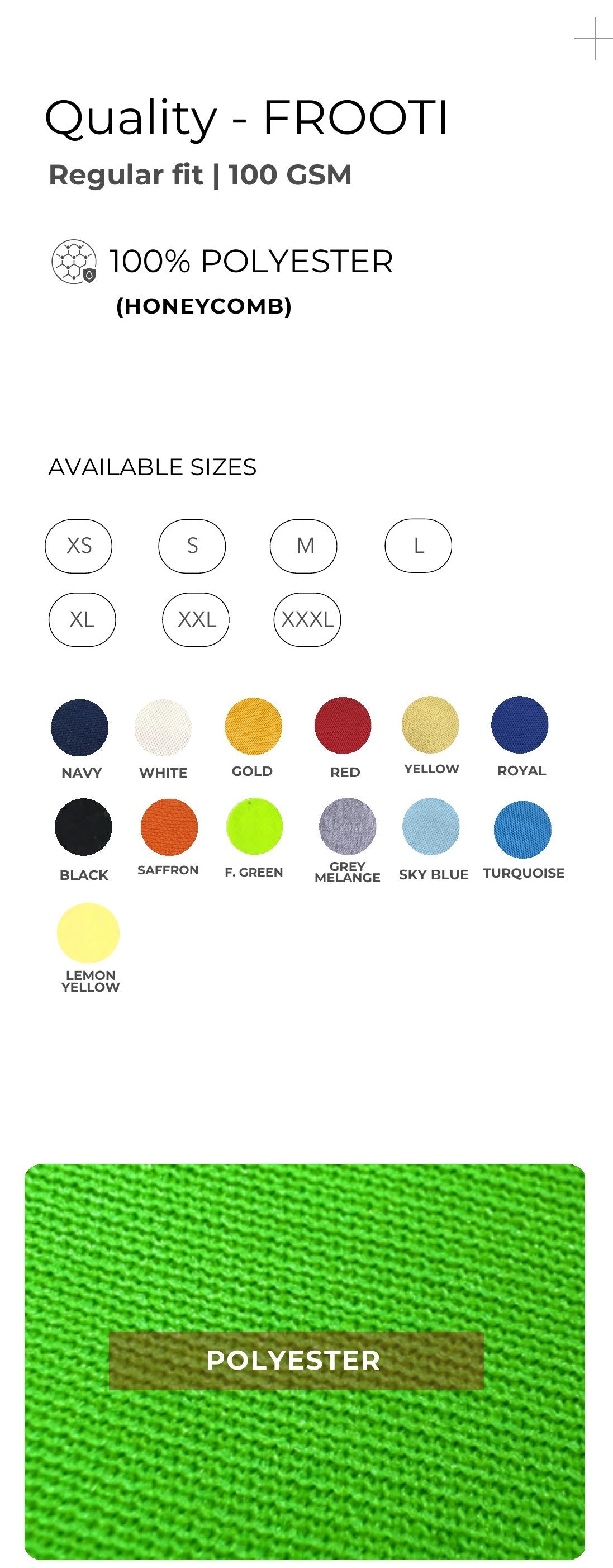 Frooti Honeycomb Round Neck T-shirt (100 GSM) – specifications and colour swatches