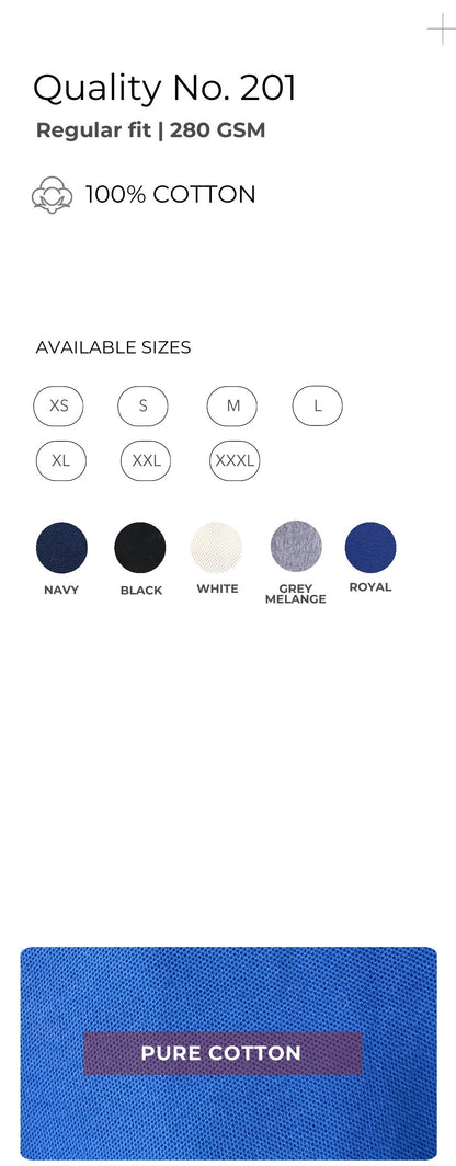 Pure Cotton Polo T-shirt – Quality 201 (280 GSM) – specifications and colour swatches