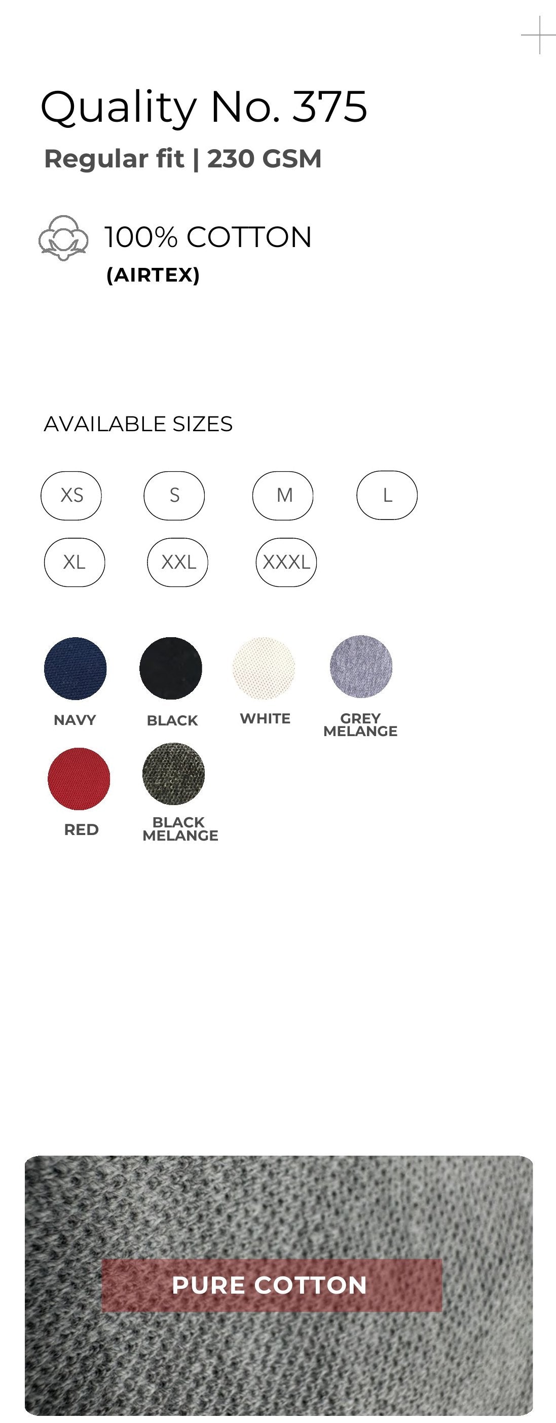 Airtex Polo T-shirt – Quality 375 (230 GSM) – specifications and colour swatches