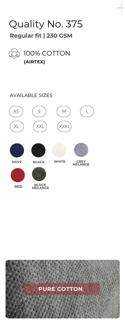 Airtex Polo T-shirt – Quality 375 (230 GSM) – specifications and colour swatches