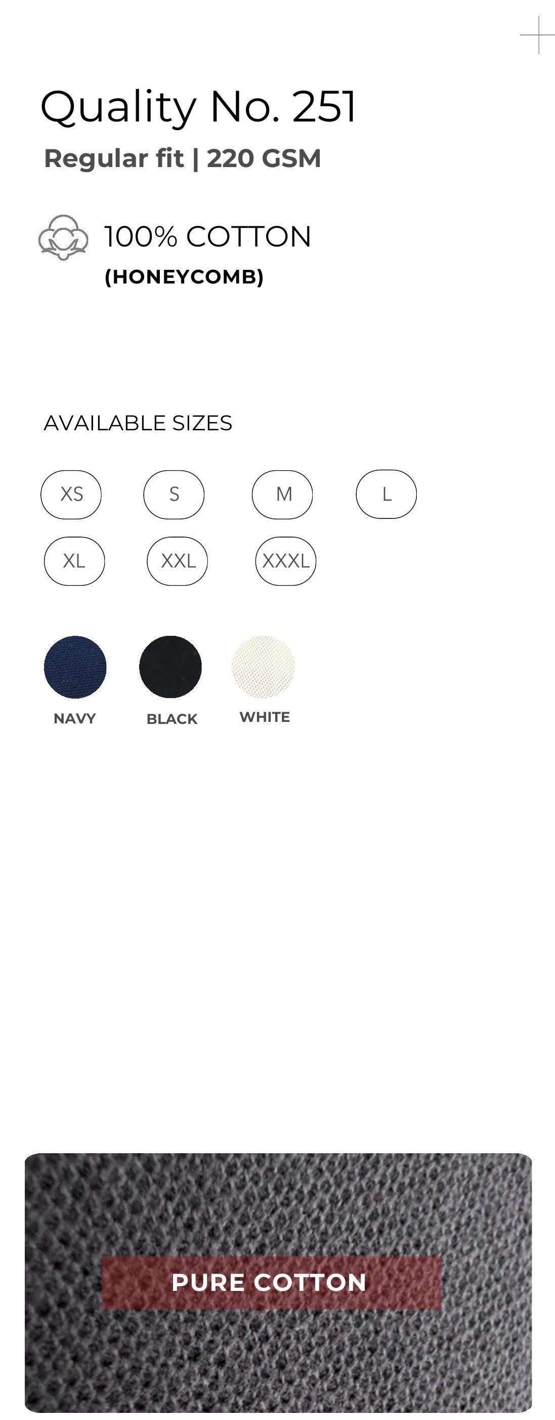 Honeycomb Polo T-shirt – Quality 251 (220 GSM) – specifications and colour swatches