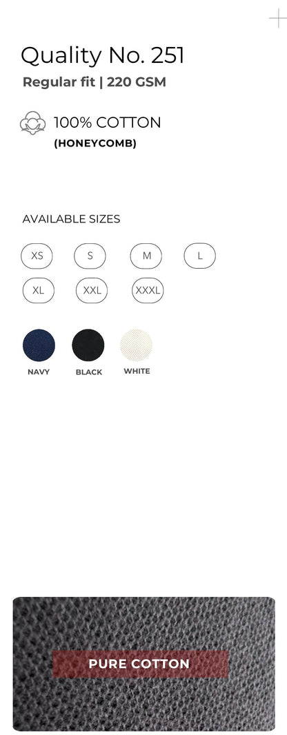 Honeycomb Polo T-shirt – Quality 251 (220 GSM) – specifications and colour swatches