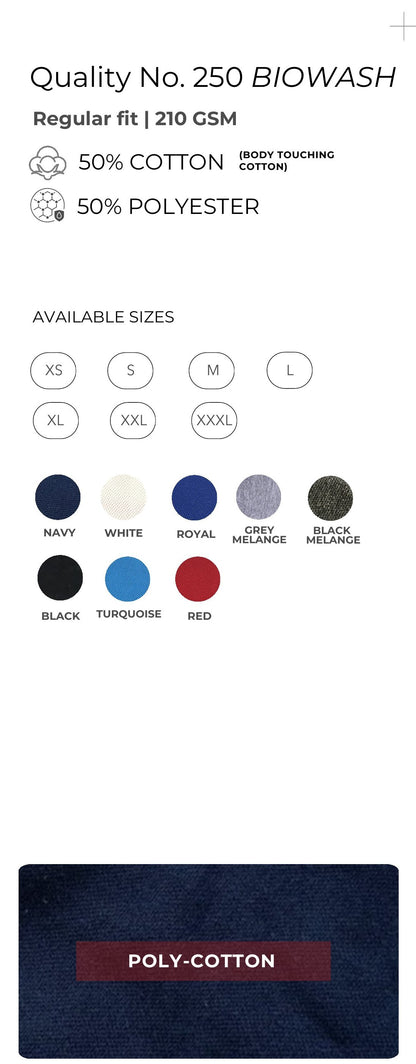 Bio-wash Poly-Cotton Polo T-shirt – Quality 250 (210 GSM) – specifications and colour swatches