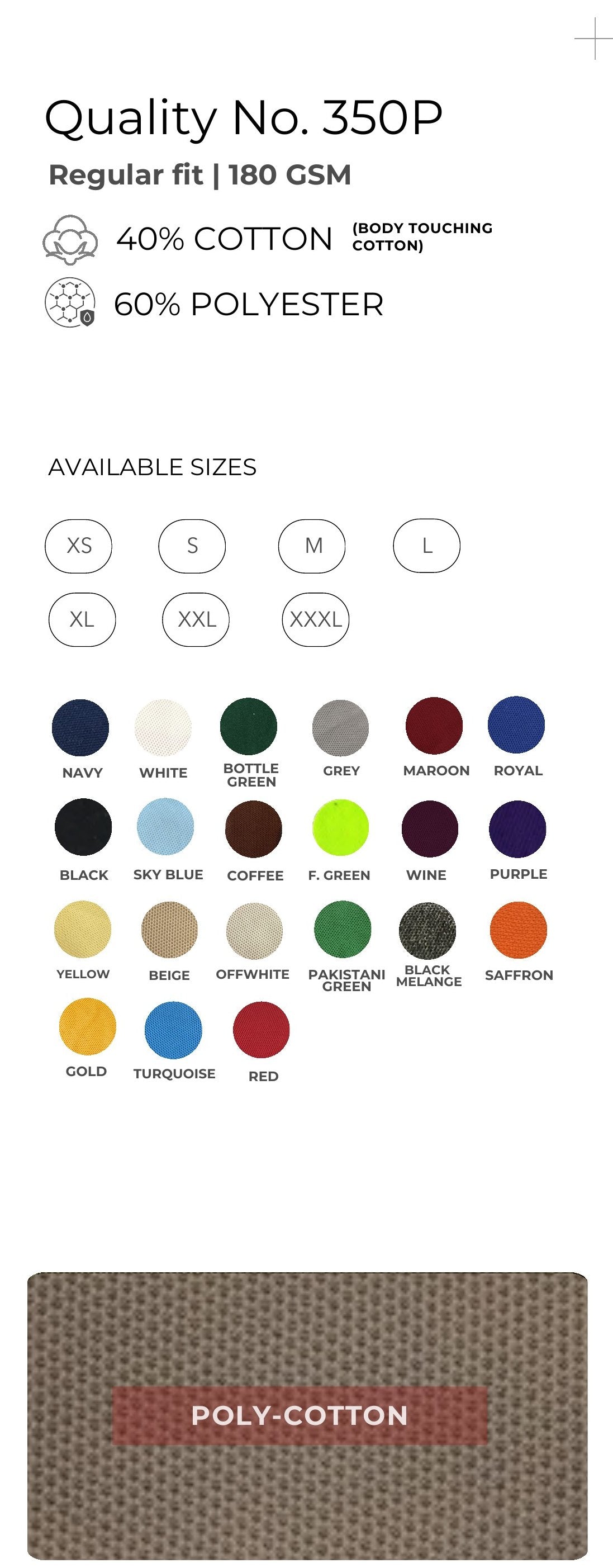 Cotton-touch Poly-Cotton Polo T-shirt – Quality 350P (180 GSM) – specifications and colour swatches
