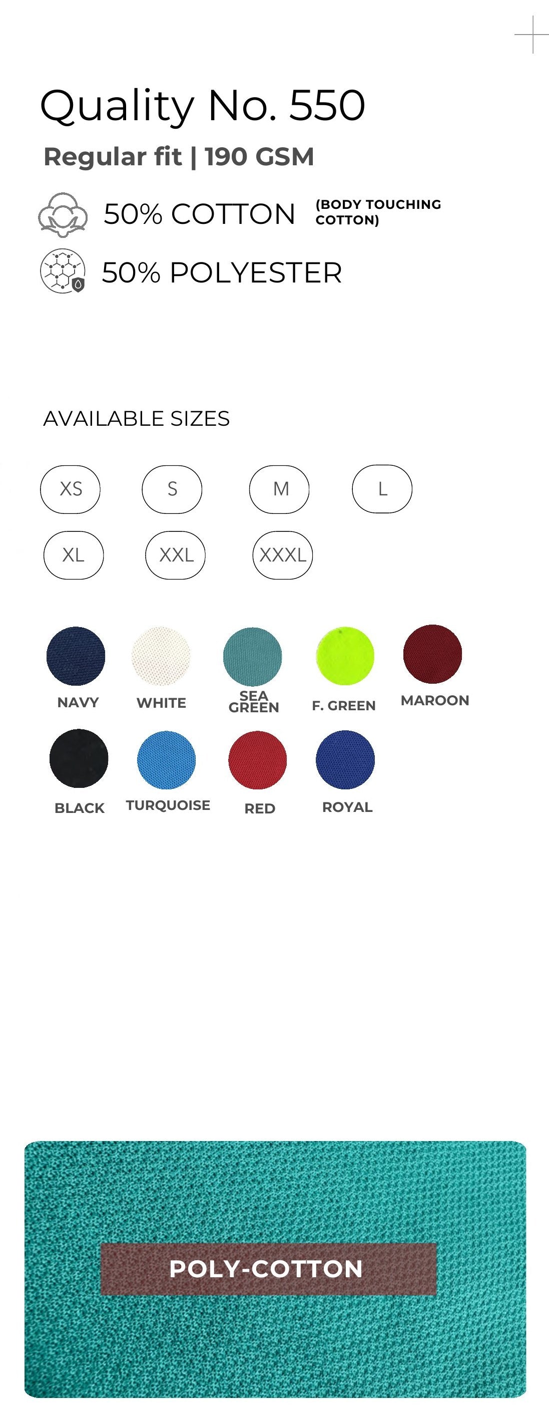 Cotton-touch Poly-Cotton Polo T-shirt – Quality 550 (190 GSM) – specifications and colour swatches