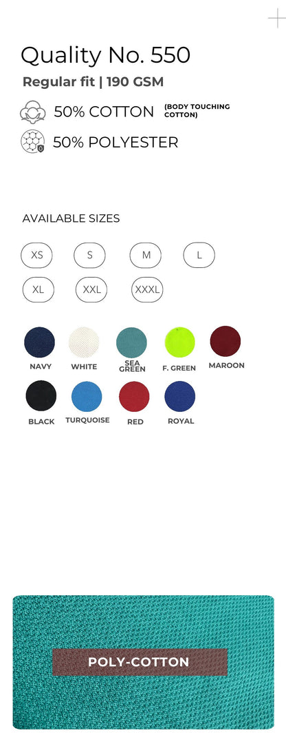 Cotton-touch Poly-Cotton Polo T-shirt – Quality 550 (190 GSM) – specifications and colour swatches