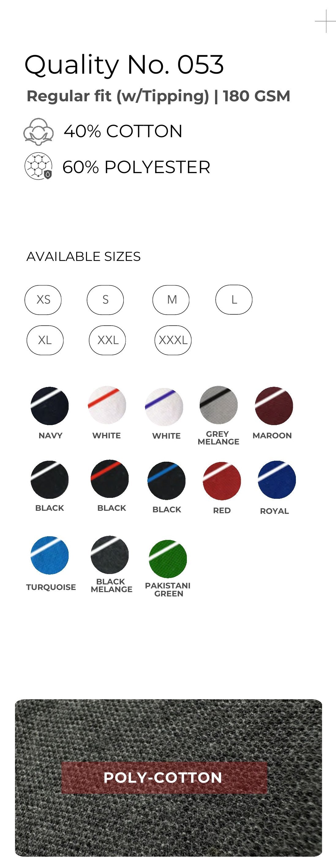 Poly-Cotton Polo T-shirt with Tipping – Quality 053 (180 GSM) – specifications and colour swatches