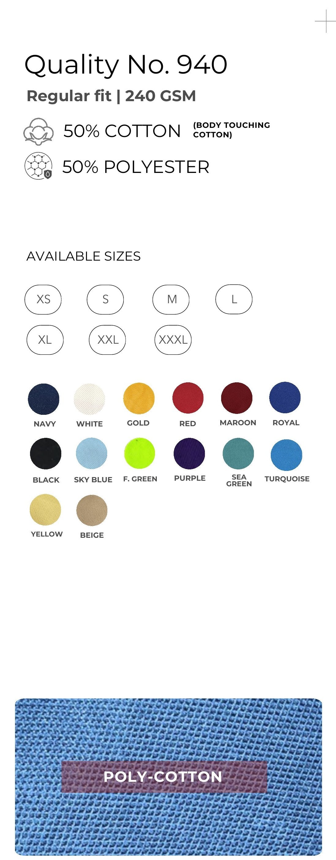 Cotton-touch Poly-Cotton Polo T-shirt – Quality 940 (240 GSM) – specifications and colour swatches