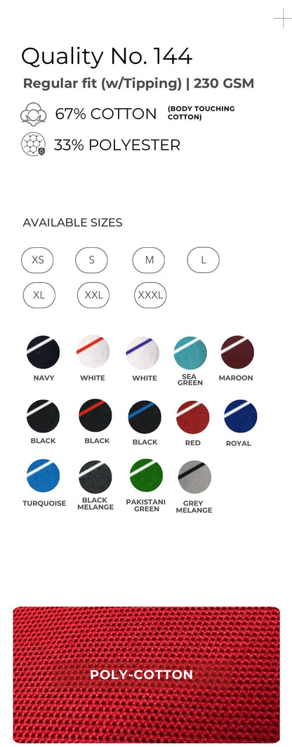 Cotton-touch Poly-Cotton Polo T-shirt with Tipping – Quality 144 (230 GSM) – specifications and colour swatches
