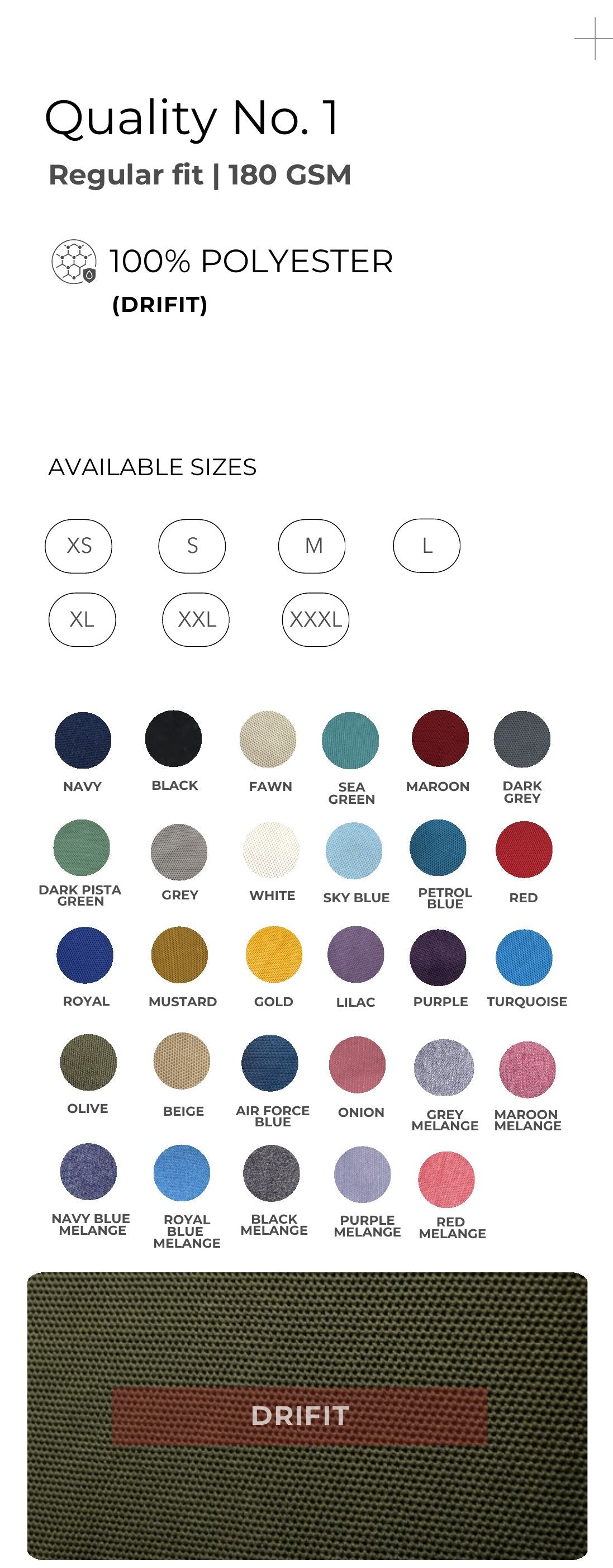 Dri-fit Polo T-shirt – Quality 1 (180 GSM) – specifications and colour swatches