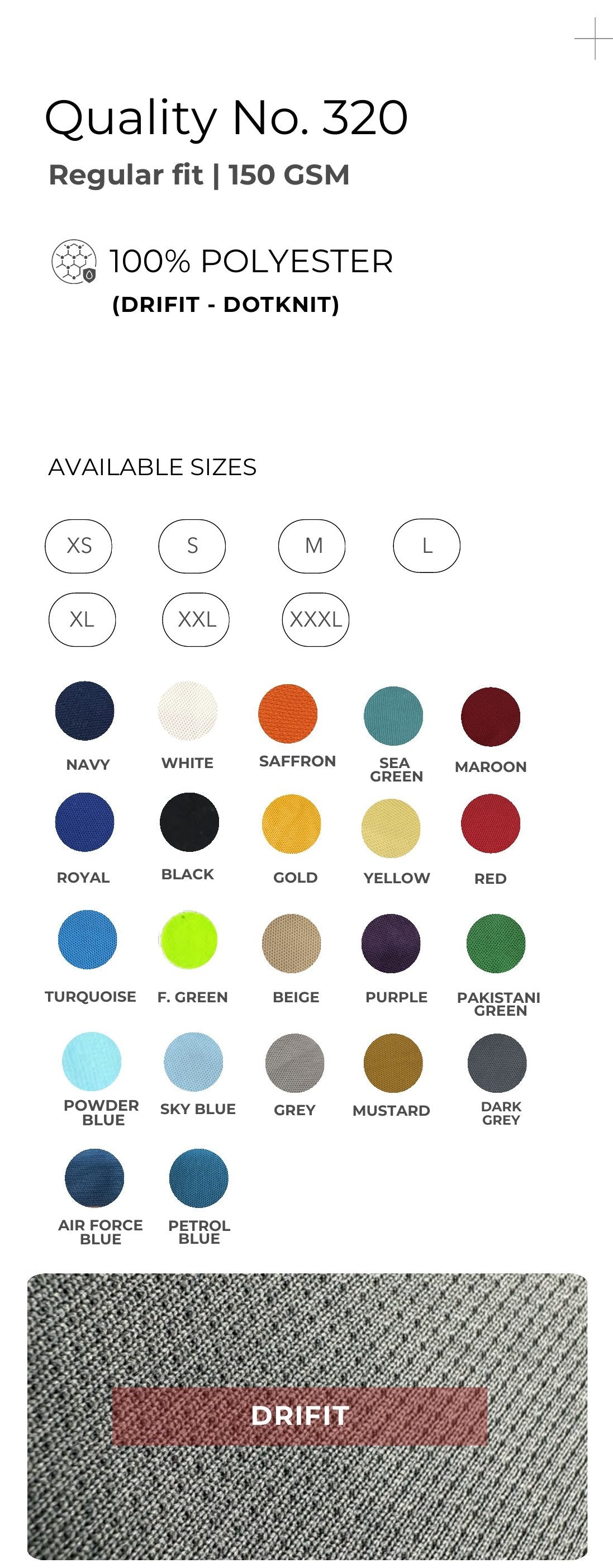 Dri-fit Dot-knit Polo T-shirt – Quality 320 (150 GSM) – specifications and colour swatches