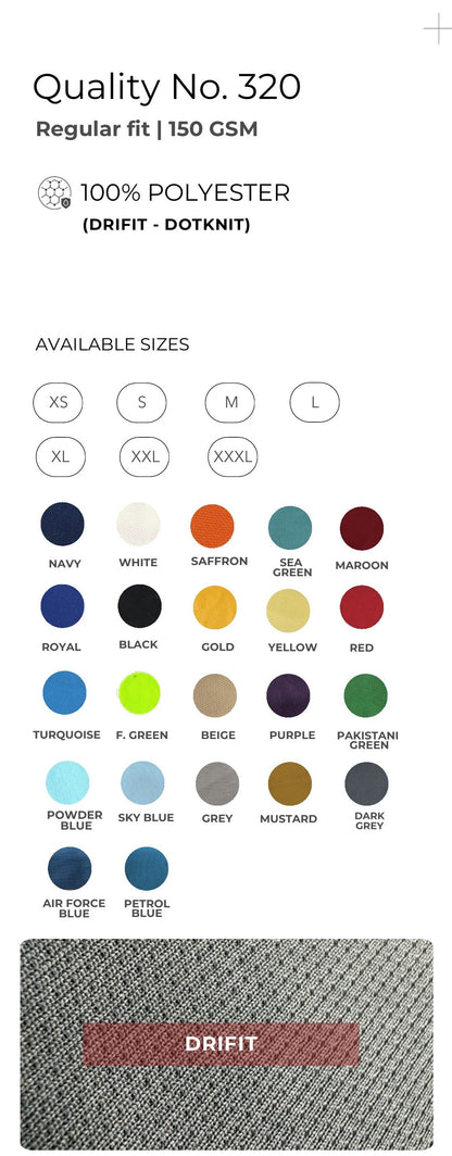 Dri-fit Dot-knit Polo T-shirt – Quality 320 (150 GSM) – specifications and colour swatches