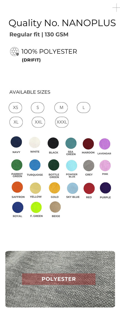 Dri-fit Polo T-shirt – Quality NanoPlus (130 GSM) – specifications and colour swatches
