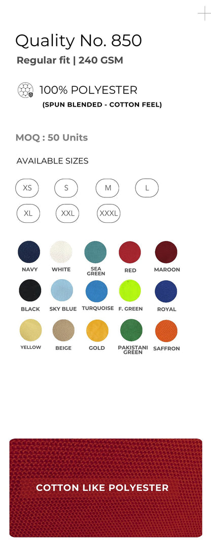 Cotton-feel Spun Poly Polo T-shirt – Quality 850 (240 GSM) – specifications and colour swatches