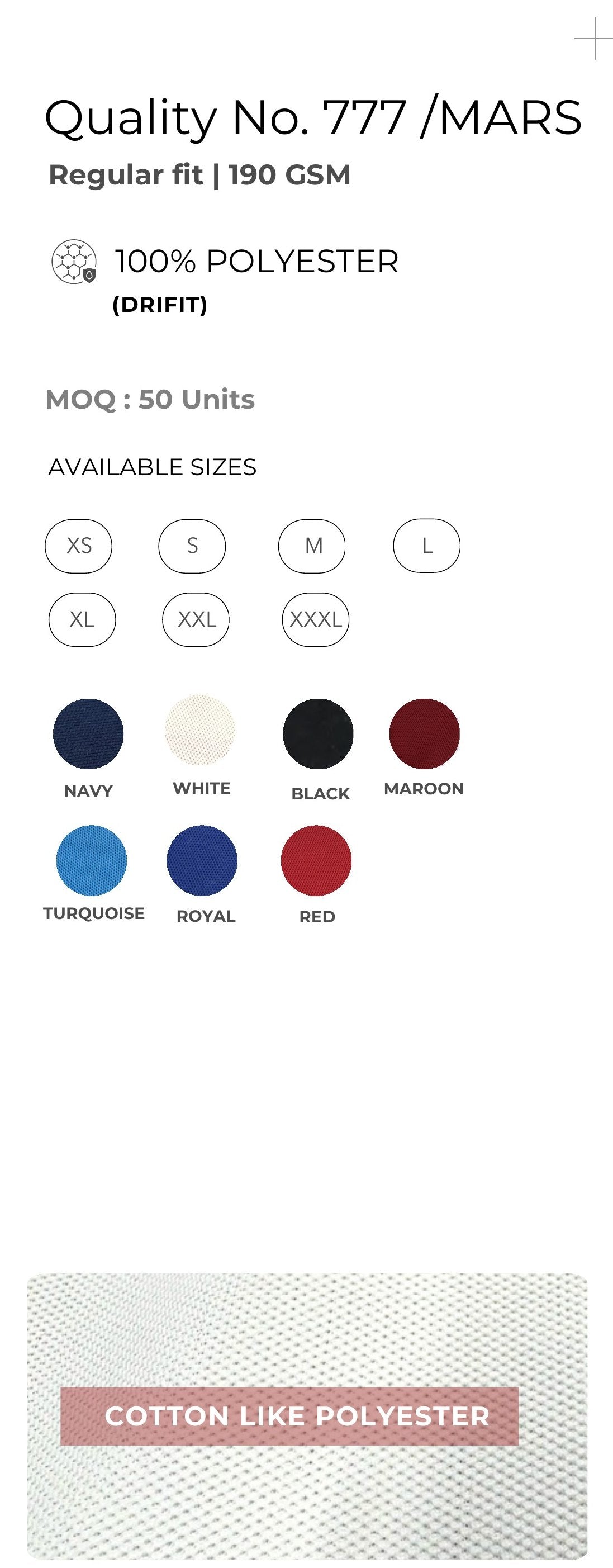 Dri-fit Polo T-shirt – Quality 777 Mars (190 GSM) – specifications and colour swatches