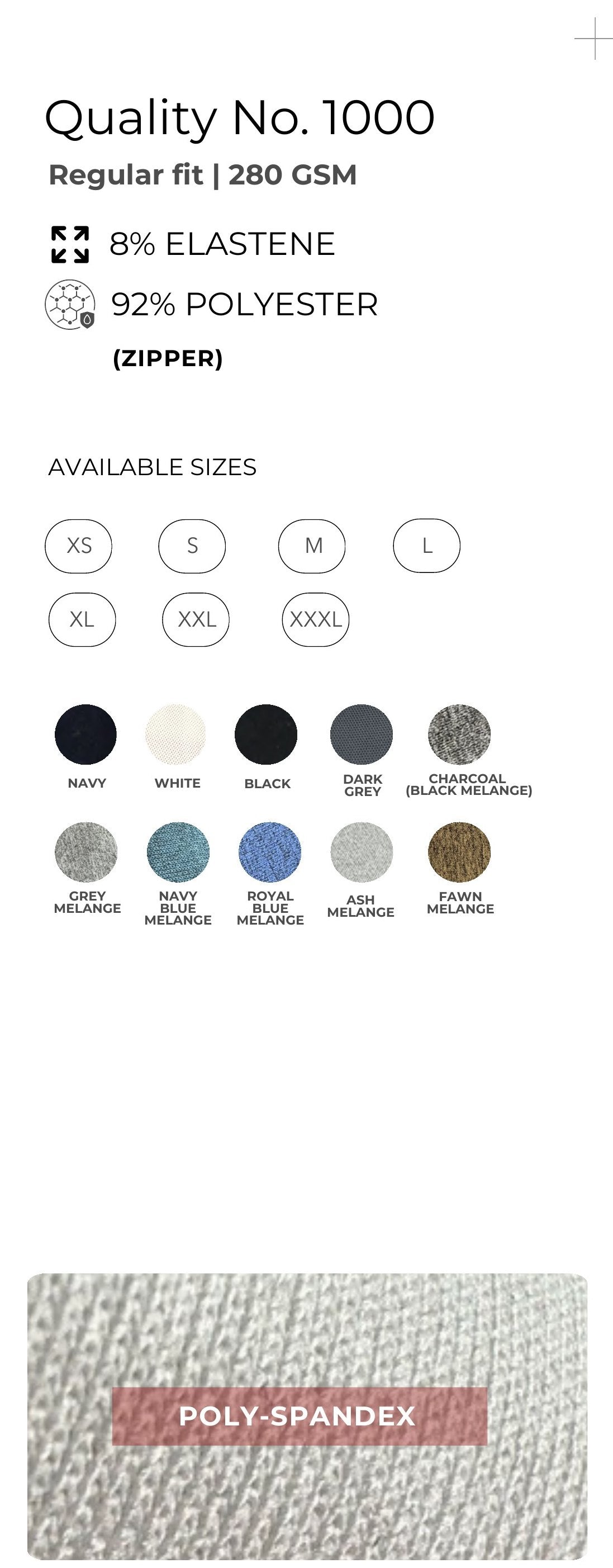 Stretch Poly-Spandex Zipper Jacket – Quality 1000 (280 GSM) – specifications and colour swatches