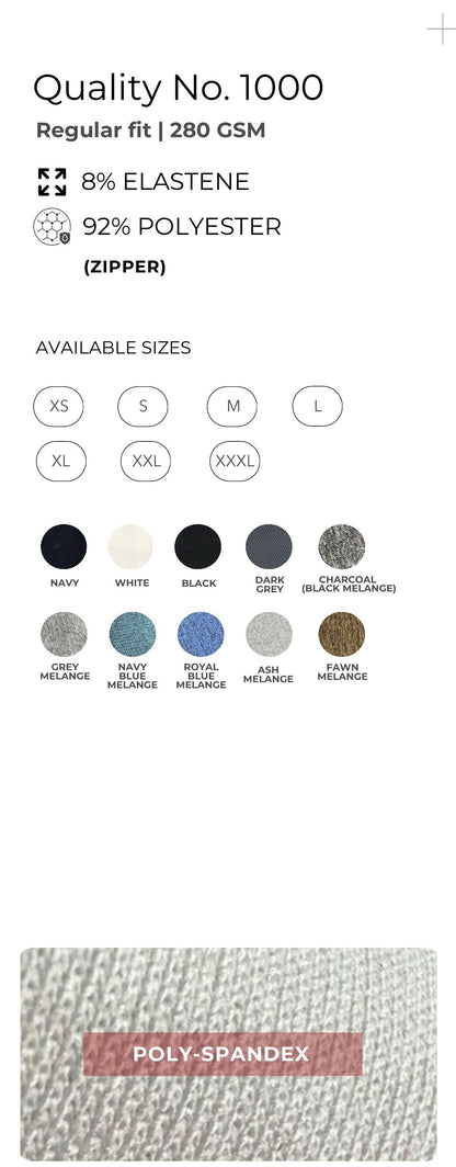 Stretch Poly-Spandex Zipper Jacket – Quality 1000 (280 GSM) – specifications and colour swatches