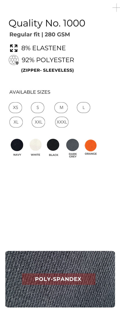 Stretch Poly-Spandex Sleeveless Zipper Jacket – Quality 1000 (280 GSM) – specifications and colour swatches