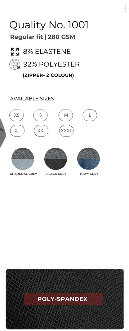 Stretch Poly-Spandex Two-tone Zipper Jacket – Quality 1001 (280 GSM) – specifications and colour swatches