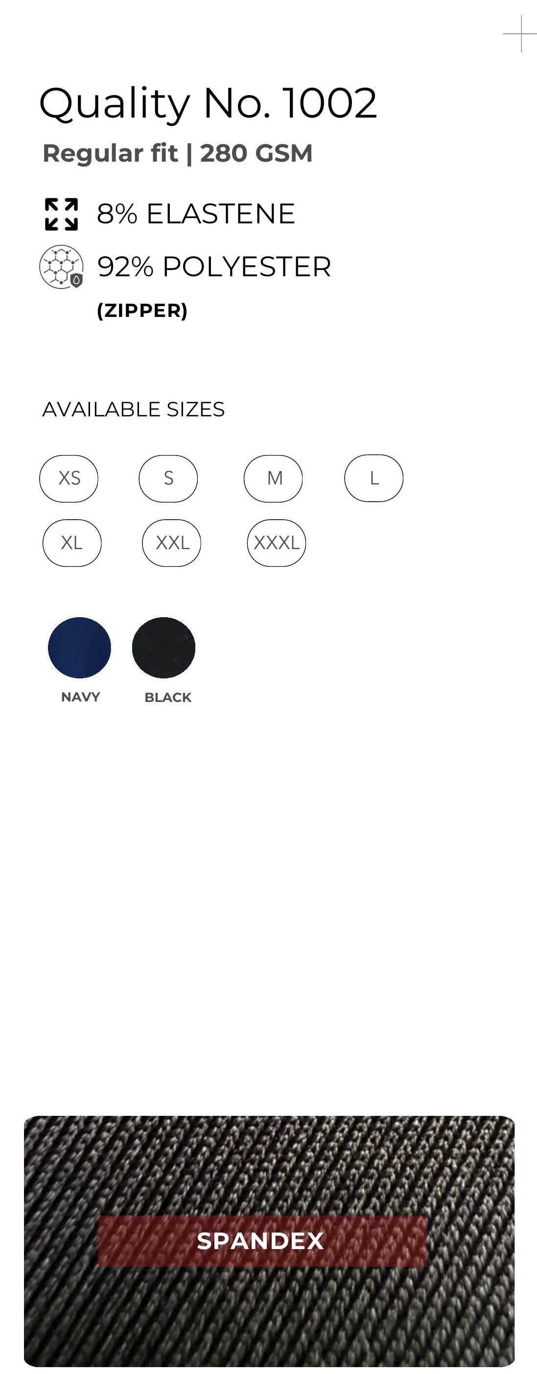 Polyester Zipper Jacket – Quality 1002 (280 GSM) – specifications and colour swatches