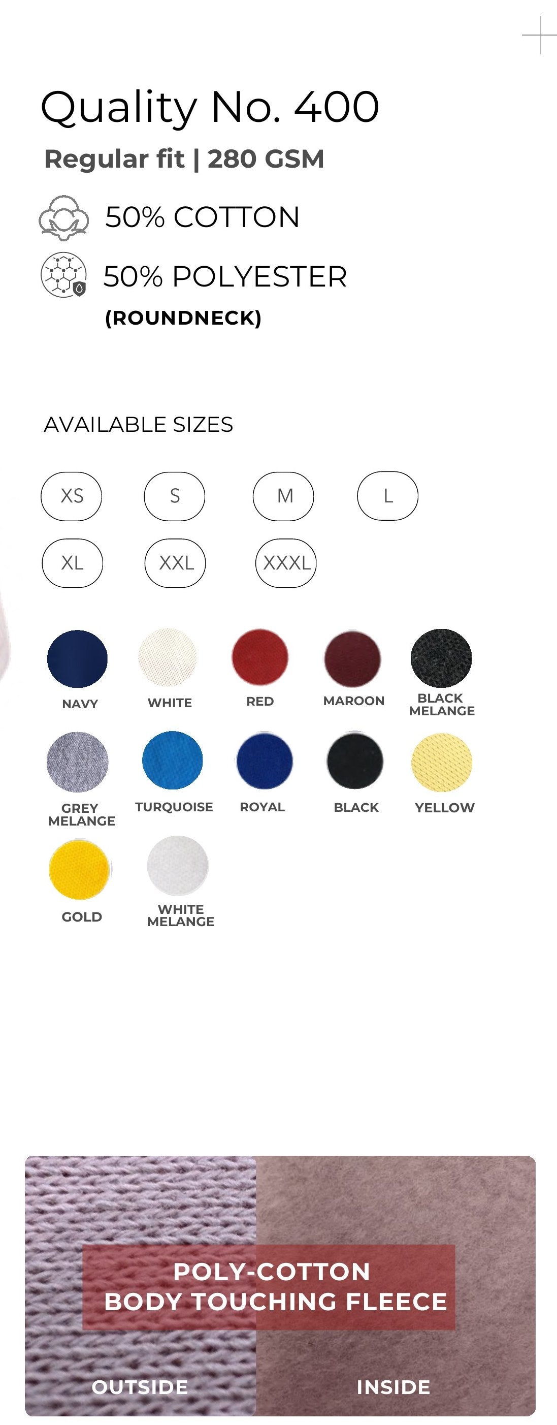 Poly-Cotton Crew Sweatshirt – Quality 400 (280 GSM) – specifications and colour swatches