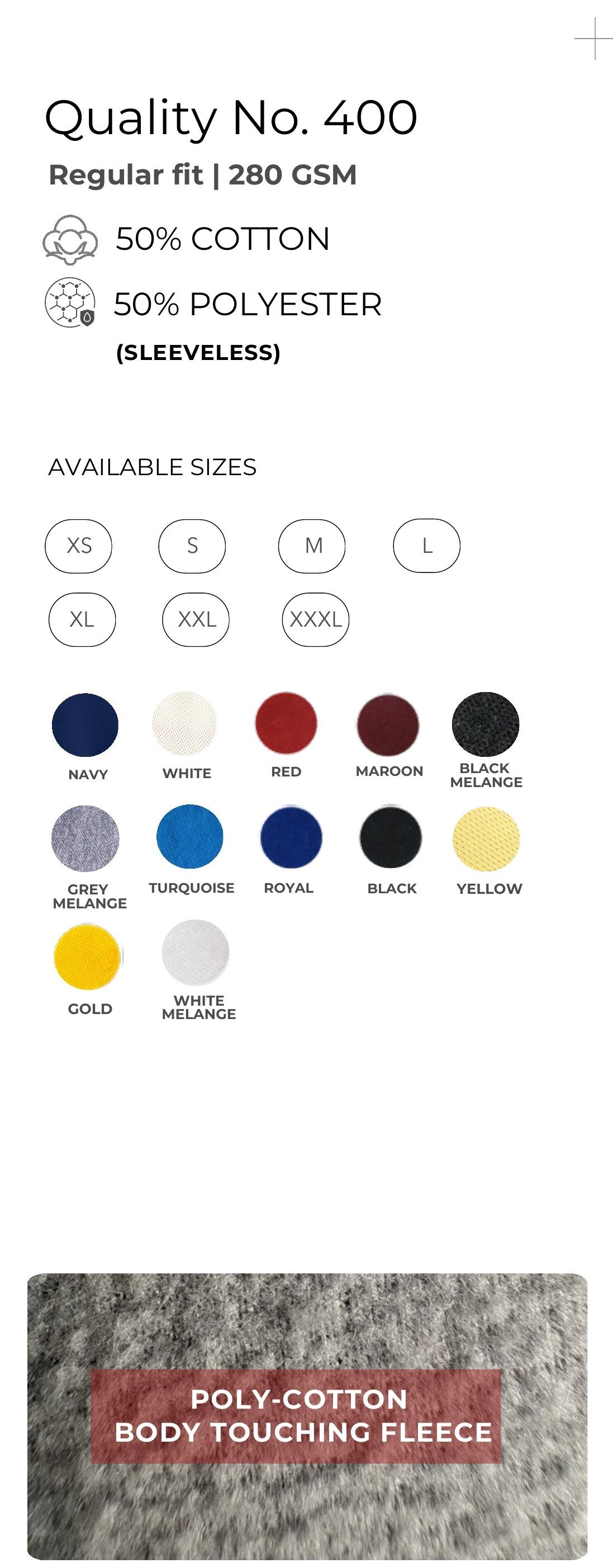 Poly-Cotton Sleeveless Sweatshirt – Quality 400 (280 GSM) – specifications and colour swatches