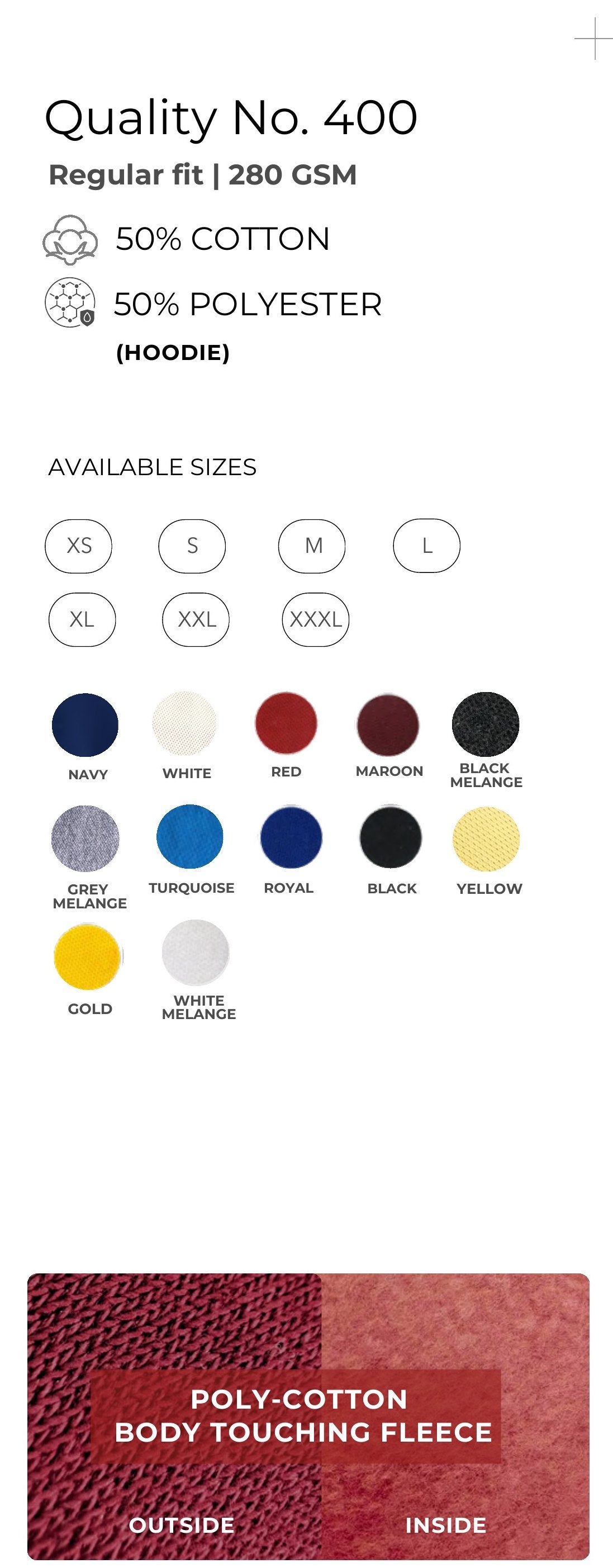 Poly-Cotton Hoodie – Quality 400 (280 GSM) – specifications and colour swatches