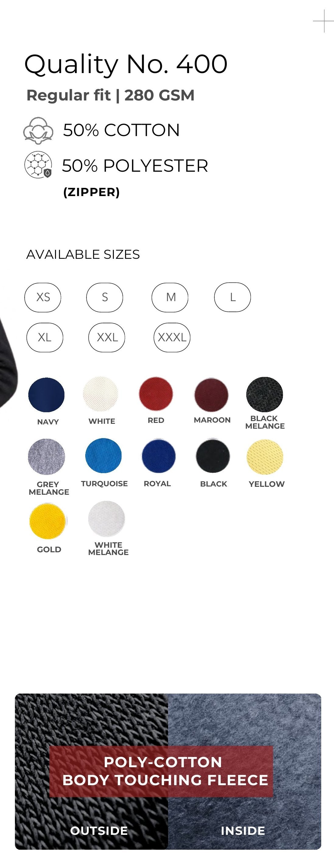 Poly-Cotton Zipper Hoodie – Quality 400 (280 GSM) – specifications and colour swatches