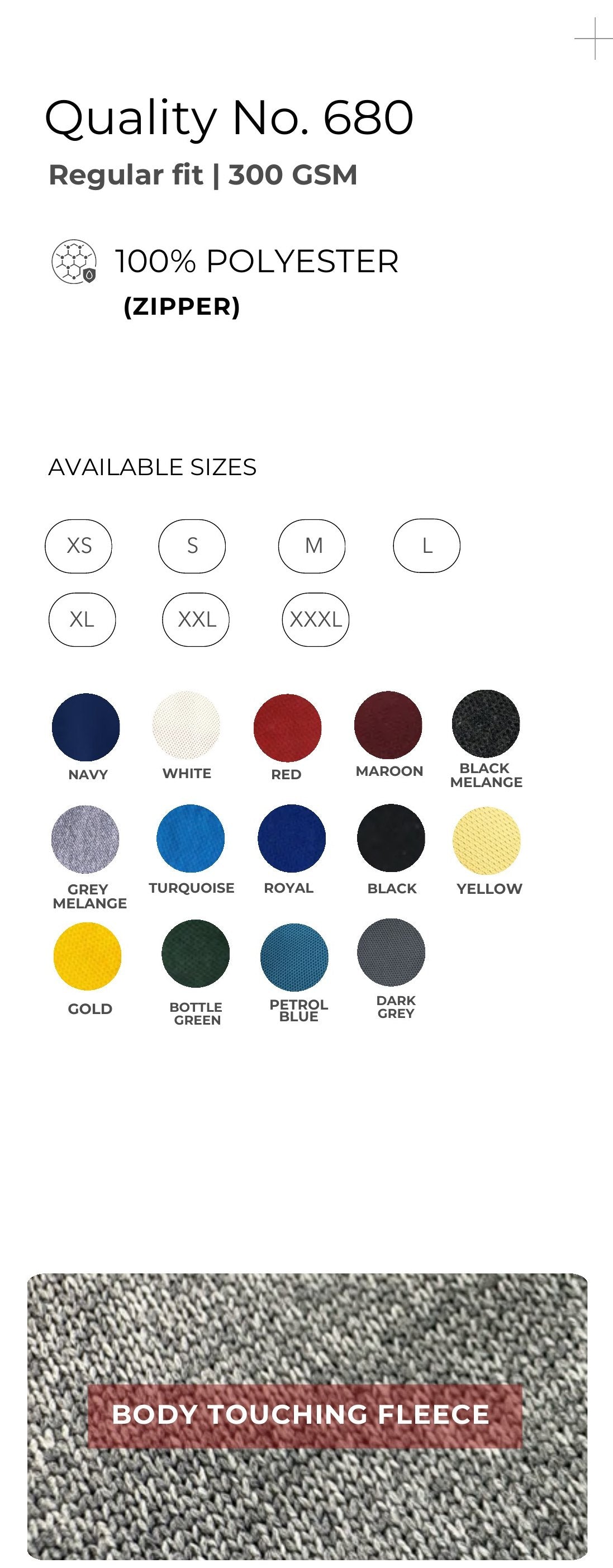 Polyester Zipper Jacket – Quality 680 (300 GSM) – specifications and colour swatches