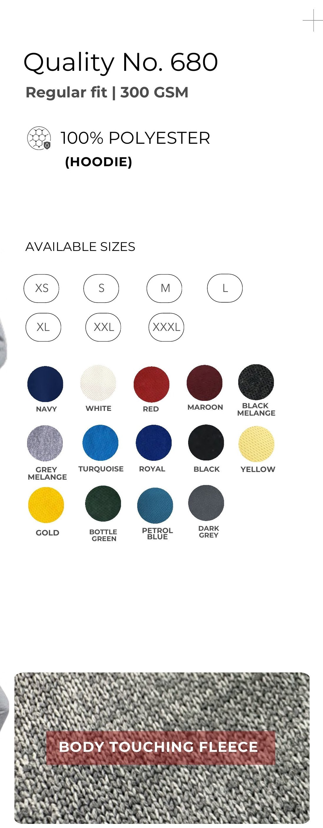 Polyester Hoodie – Quality 680 (300 GSM) – specifications and colour swatches